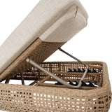 Close-up of Hill Interiors Outdoor Sun Lounger showing the adjustable metal backrest mechanism, woven brown rattan-effect frame and beige cushion.
