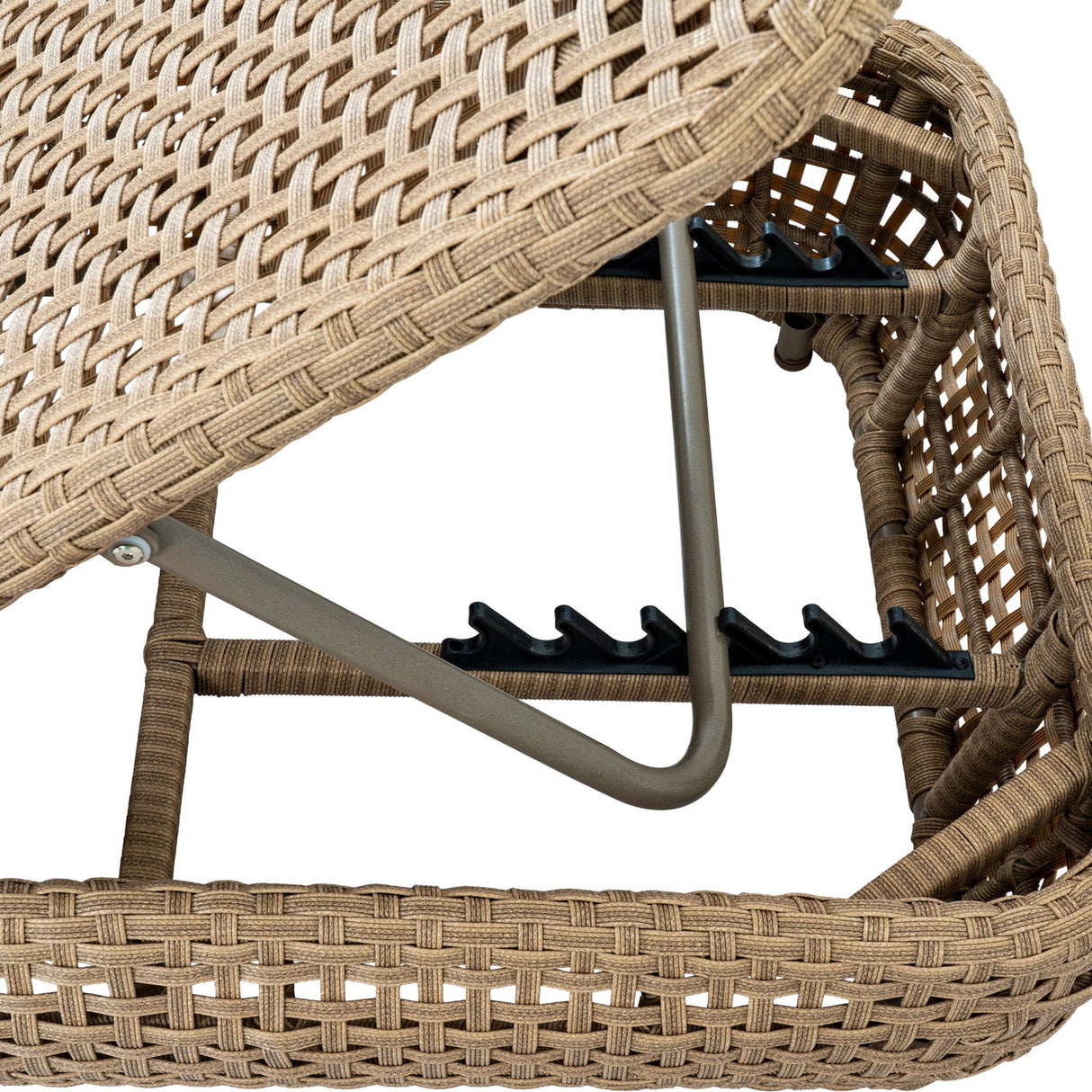 Close-up of Hill Interiors Outdoor Sun Lounger showing brown woven rattan-effect frame, adjustable metal backrest and notched recline bracket.
