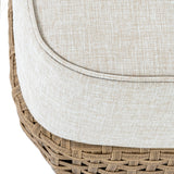Close-up of Hill Interiors Outdoor Sun Lounger showing beige woven cushion with piped edging resting on a brown rattan-effect metal frame.