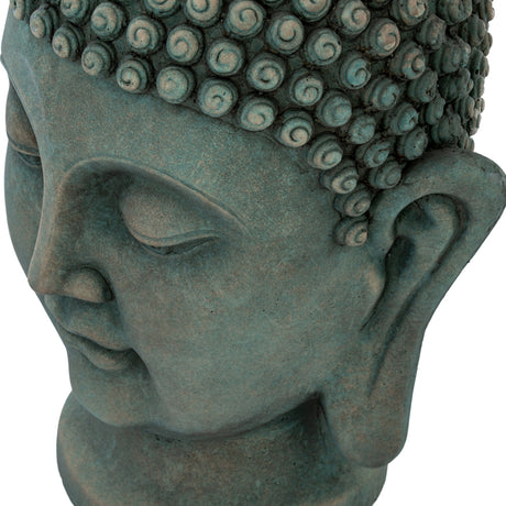 Close-up side view of the Hill Interiors Buddha Head concrete planter in soft green, showing the serene face, elongated ear and coiled hair detail.