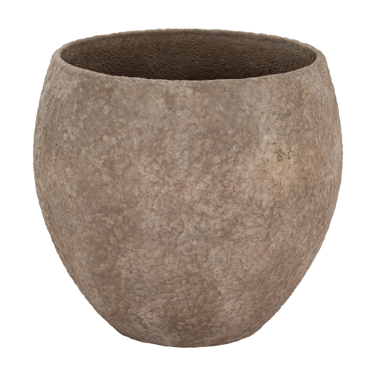 Hill Interiors Pot Belly concrete planter in brown with a rounded body, wide open top and mottled textured finish, shown on a white background.