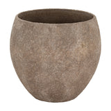 Hill Interiors Pot Belly concrete planter in brown with a rounded body, wide open top and mottled textured finish, shown on a white background.
