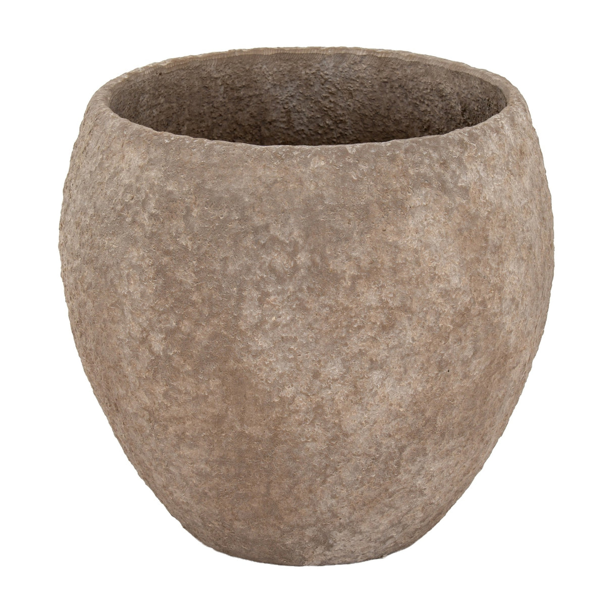 Rounded concrete pot belly planter from Hill Interiors in a mottled brown finish with a wide open top, shown against a plain white background.