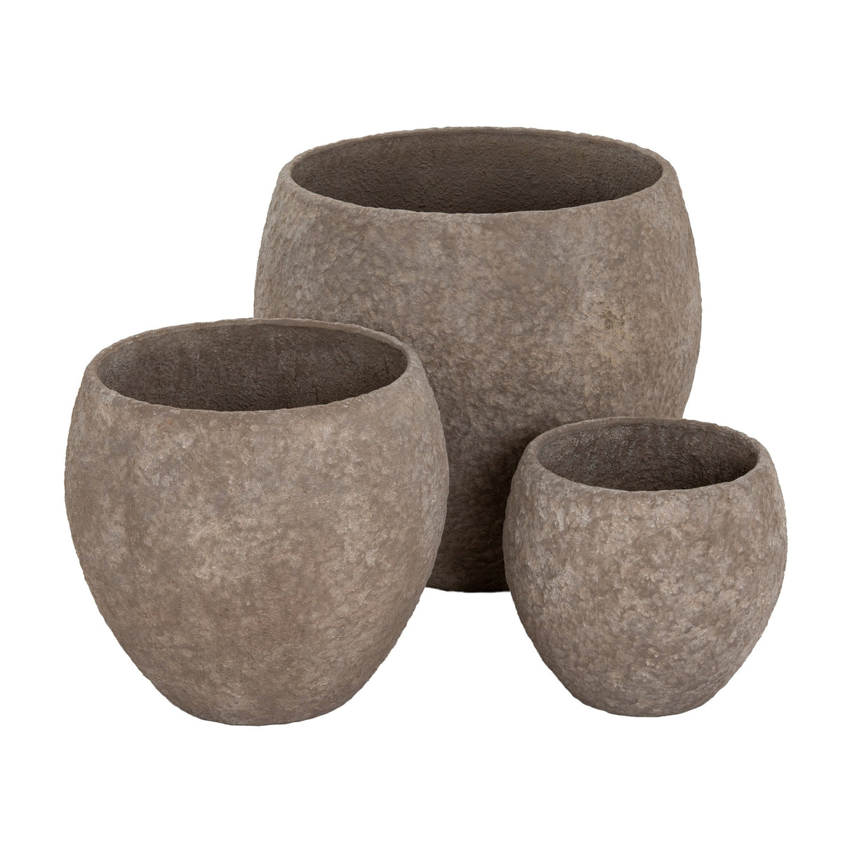 Hill Interiors Pot Belly Concrete Planters Set of 3 in brown, showing three rounded, textured pots in graduated sizes on a white background.