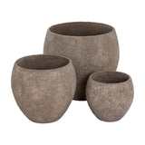 Hill Interiors Pot Belly Concrete Planters Set of 3 in brown, showing three rounded, textured pots in graduated sizes on a white background.