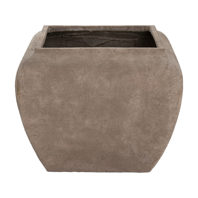 Hill Interiors Square Drum concrete planter in brown with a rounded square form, textured surface and open top, shown on a plain white background.