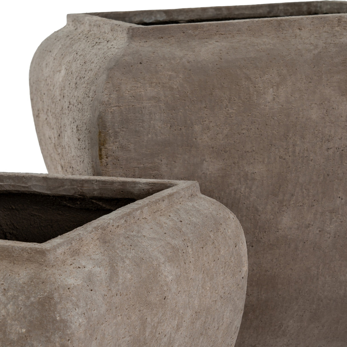Close-up of Hill Interiors Square Drum Concrete Planters Set of 2 in brown, showing the textured concrete surface and rounded corner detail of both sizes.