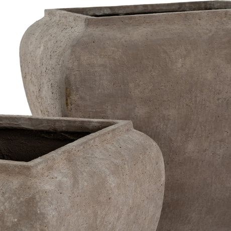 Close-up of Hill Interiors Square Drum Concrete Planters Set of 2 in brown, showing the textured concrete surface and rounded corner detail of both sizes.