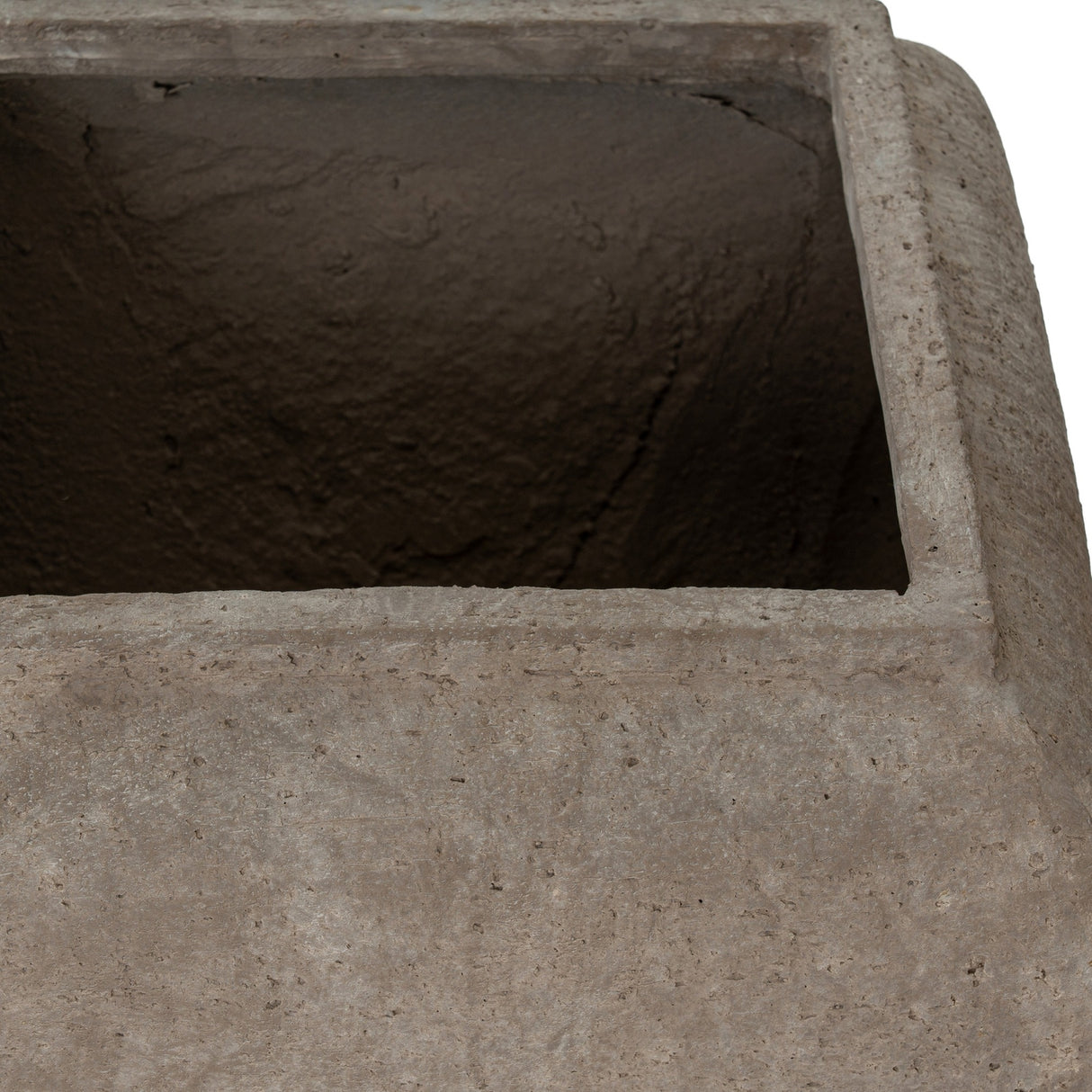 Close-up of Hill Interiors Square Drum Concrete Planter in brown, showing the textured surface, straight sides and open square top.