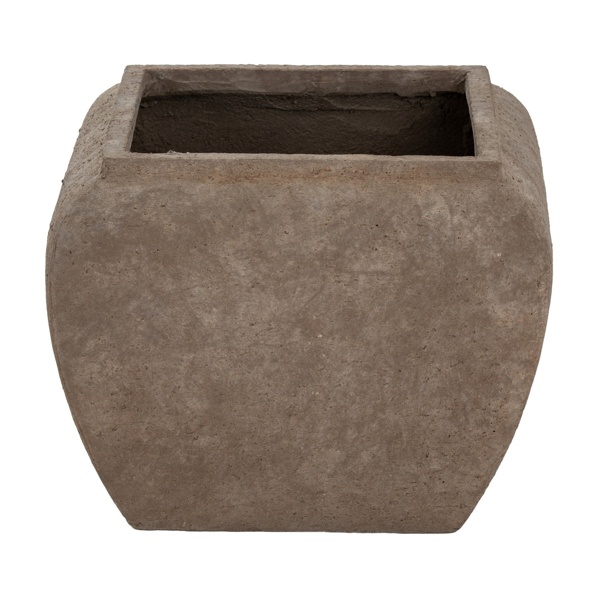 Hill Interiors square drum concrete planter in brown with textured surface and open square top, shown on a plain white background.
