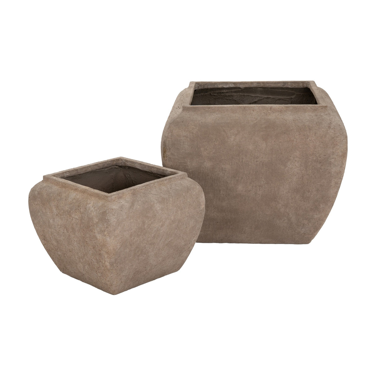 Hill Interiors Square Drum Concrete Planters Set of 2 in brown, showing the tall and short square drum forms with textured concrete finish on white.