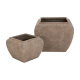 Hill Interiors Square Drum Concrete Planters Set of 2 in brown, showing the tall and short square drum forms with textured concrete finish on white.