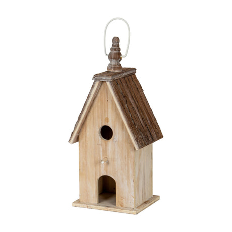 Hill Interiors Large Rustic Wooden Birdhouse in white with bark-effect pitched roof, carved finial and wire hanging loop, shown on a plain background.