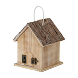 Hill Interiors Rustic Wooden Birdhouse in white with bark-effect pitched roof, arched hinged door with brass latch, and wire hanging loop on a white background.