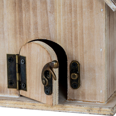Close-up of Hill Interiors Rustic Wooden Birdhouse showing arched door with brass hinge and latch fittings on pale natural wood.