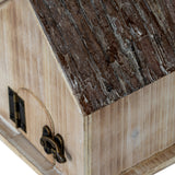 Close-up of the Hill Interiors Rustic Wooden Birdhouse in white, showing the textured bark-effect pitched roof and brass hinge with clasp fastening.