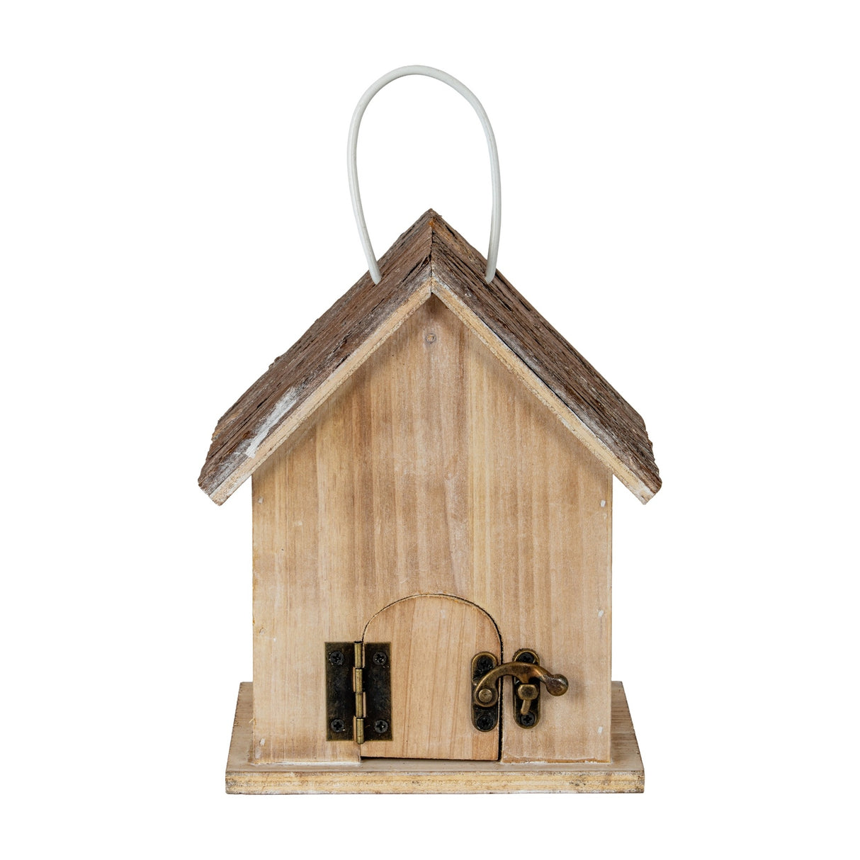Hill Interiors Rustic Wooden Birdhouse in white with pitched bark-effect roof, small hinged front door with brass latch, and wire hanging loop.