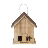 Hill Interiors Rustic Wooden Birdhouse in white with pitched bark-effect roof, small hinged front door with brass latch, and wire hanging loop.