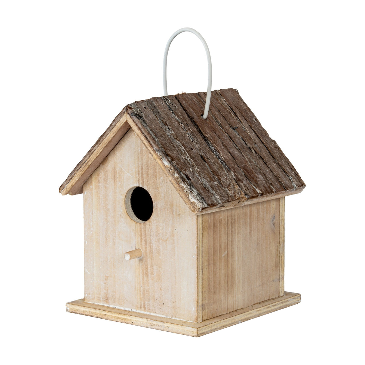 Hill Interiors Rustic Wooden Birdhouse in white with a bark-clad pitched roof, circular opening, perch and wire hanger, shown on a plain background.
