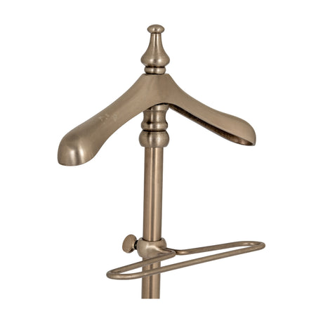 Hill Interiors Silver Metal Valet Stand top section with shaped hanger, finial, central post and lower trouser rail in soft silver finish on white.