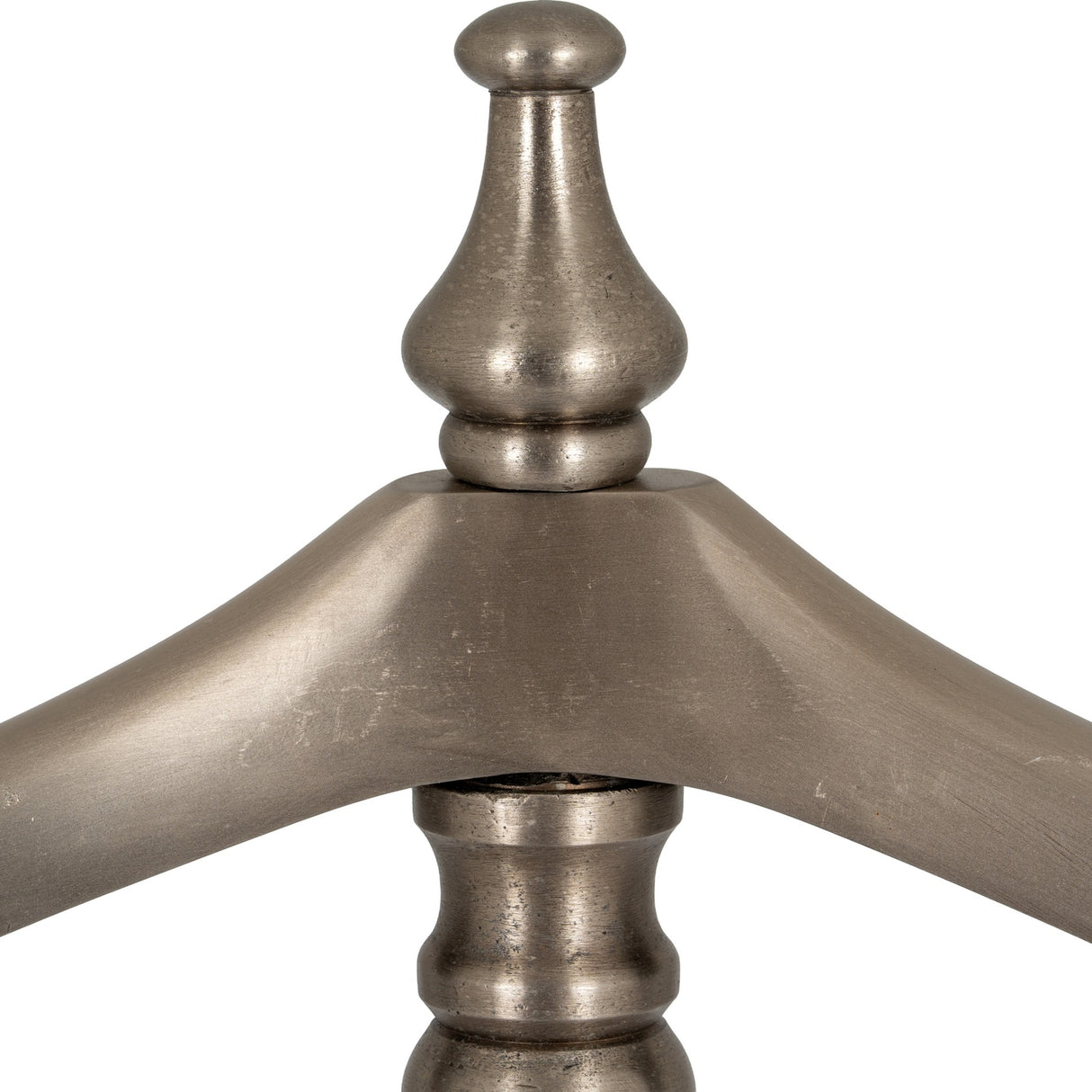Close-up of the Hill Interiors Silver Metal Valet Stand showing the turned finial and curved arm in an aged silver finish on a white background.