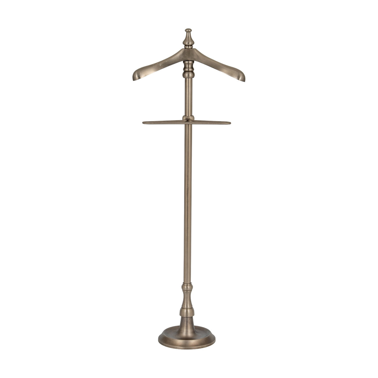 Hill Interiors Silver Metal Valet Stand with curved hanger top, trouser bar and round weighted base in soft silver finish, shown on a plain white background.