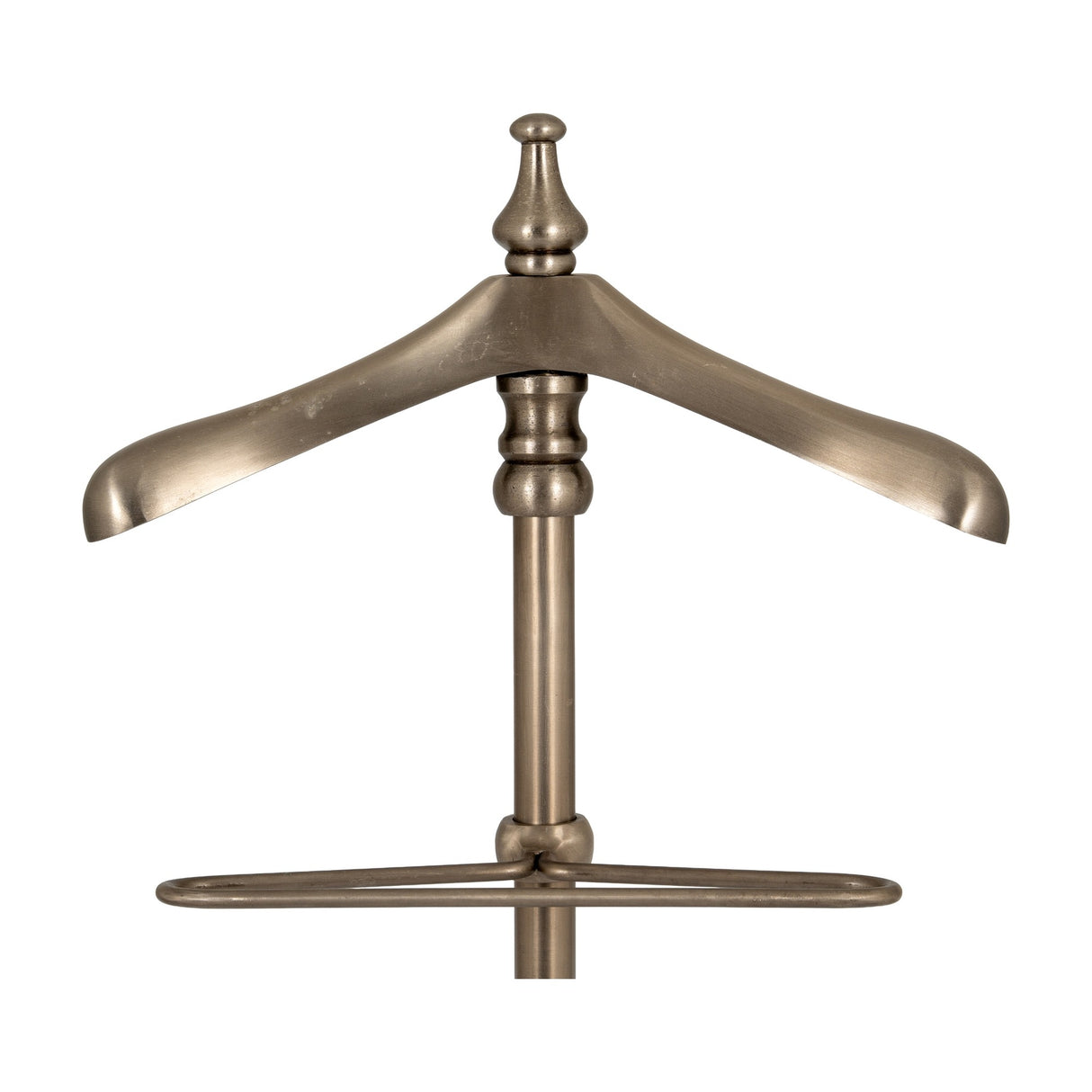 Hill Interiors Silver Metal Valet Stand shown close up, with shaped hanger, turned finial, central post and oval trouser rail in soft silver finish.