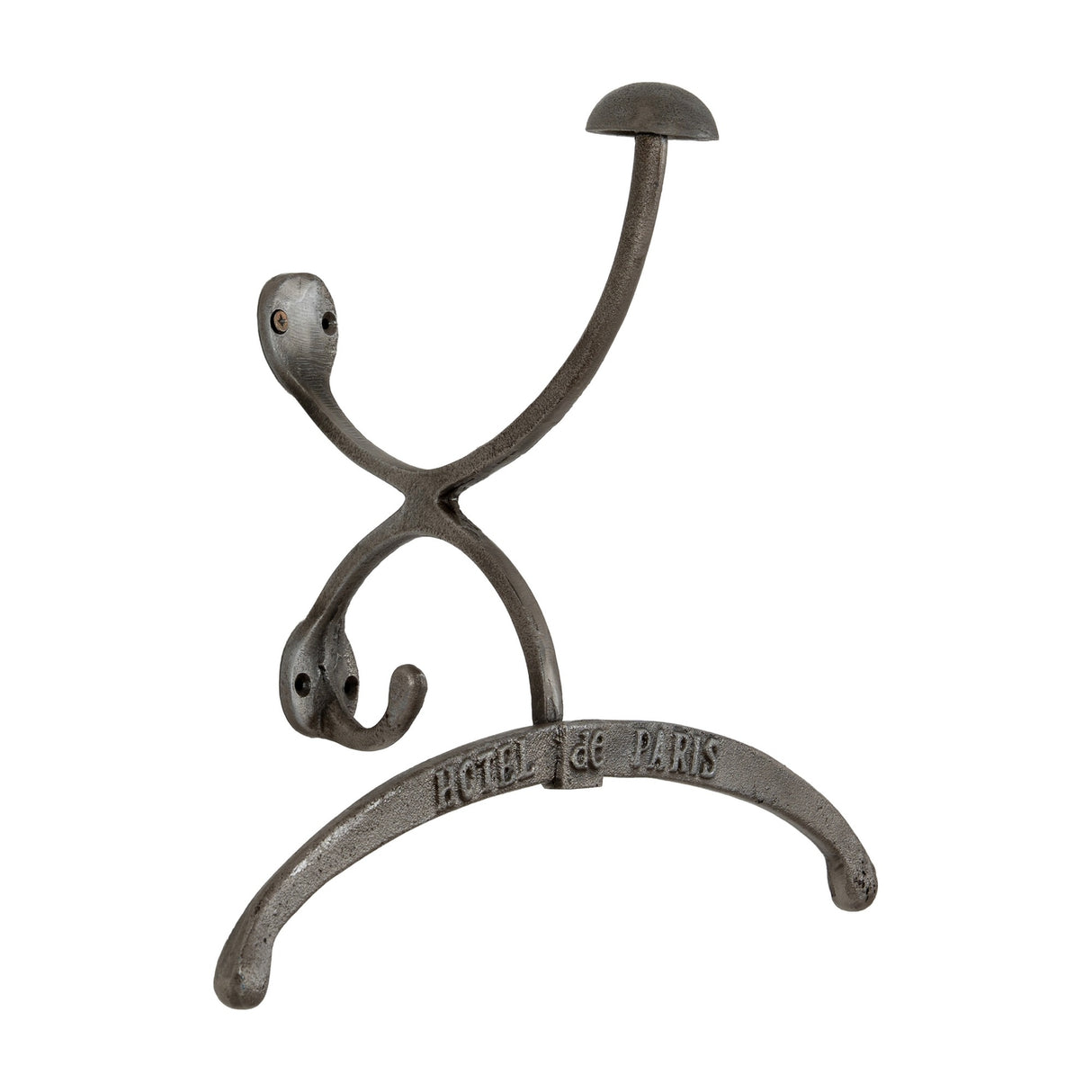 Hill Interiors Silver Metal Coat Hanger with a shaped scrolled frame, integrated hooks and aged silver finish, embossed Hotel de Paris detail, on white.