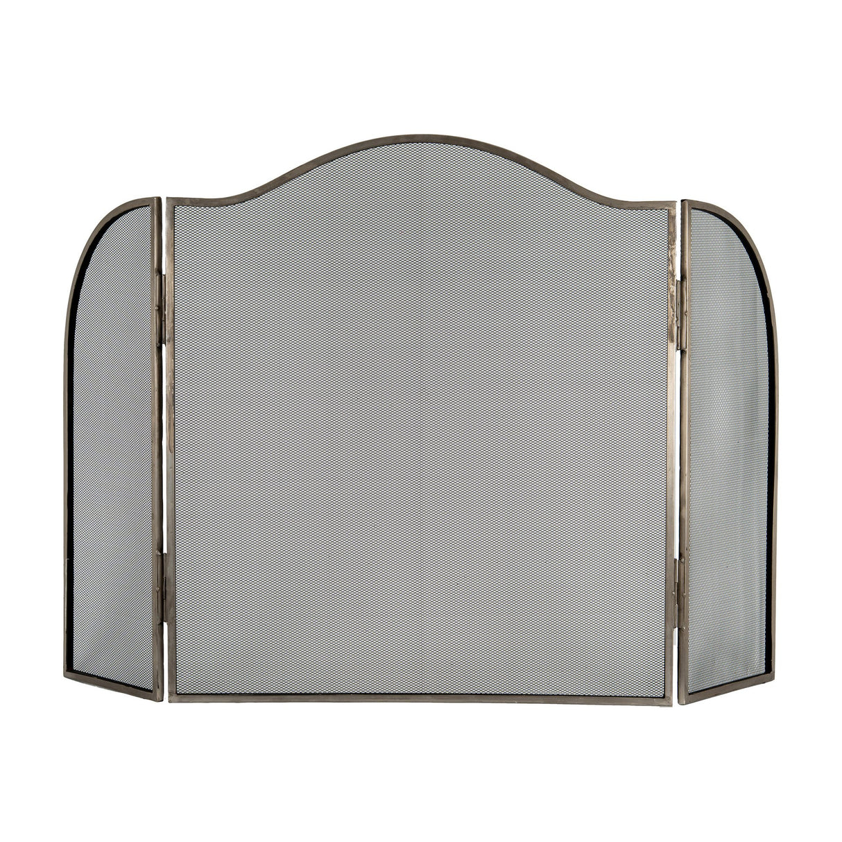 Hill Interiors Large Fire Screen in antique silver finish metal, three-panel design with arched top and mesh infill, shown against a plain white background.