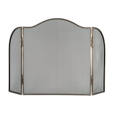 Hill Interiors Large Fire Screen in antique silver finish metal, three-panel design with arched top and mesh infill, shown against a plain white background.