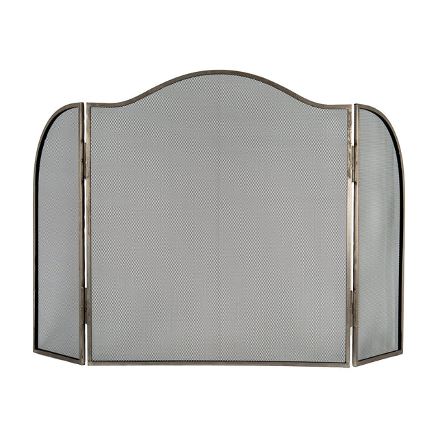 Hill Interiors Large Fire Screen in antique silver finish metal, three-panel design with arched top and mesh infill, shown against a plain white background.