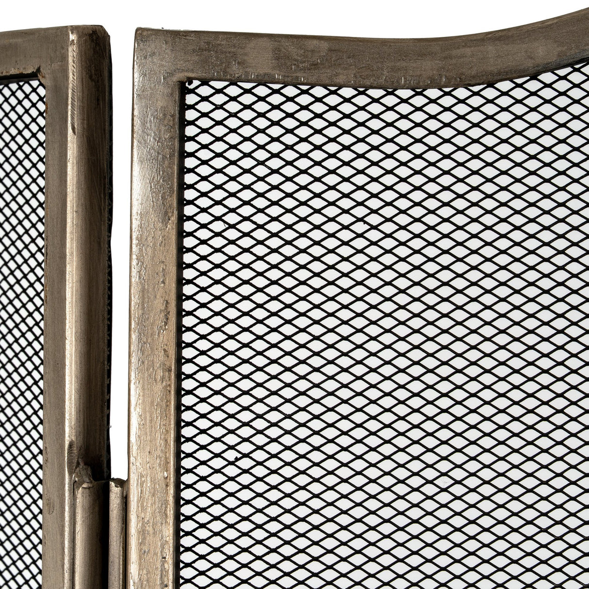 Close-up of Hill Interiors Large Fire Screen showing the antique silver metal frame corner and fine black mesh panels.