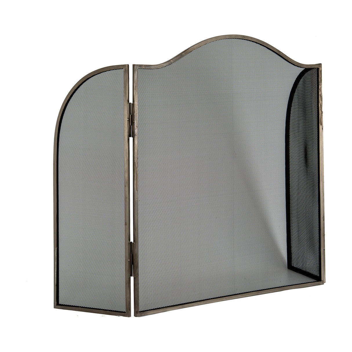 Hill Interiors Large Fire Screen in antique silver finish metal, with an arched mesh panel and hinged side wing, shown on a plain white background.