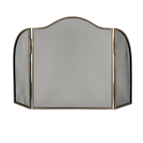 Hill Interiors Arched Three-Panel Fire Screen in antique silver metal mesh with a central raised arch, shown against a plain white background.