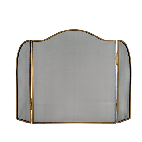 Hill Interiors Large Brass Fire Screen with a three-panel folding design, arched top and fine mesh set in an aged brass metal frame, on a white background.