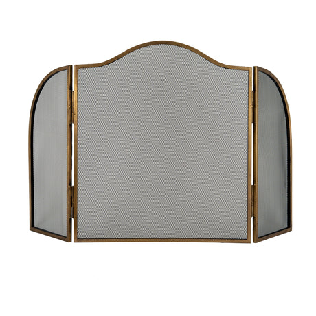 Hill Interiors Brass Fire Screen with a three-panel folding design, arched mesh centre, and warm brass metal frame on a plain white background.
