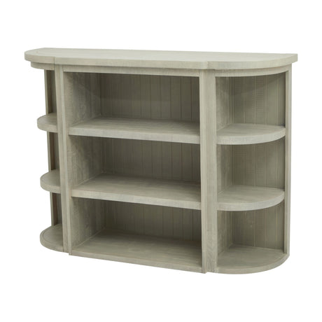 Hill Interiors 3-Shelf Wooden Storage Unit in grey, a wide low open cabinet with rounded ends and three tiers, shown on a plain white background.
