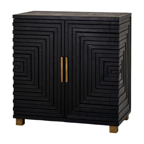 Hill Interiors Harweld two door small sideboard in matte black wood with geometric ridged panels, brass handles and wooden feet on a white background.
