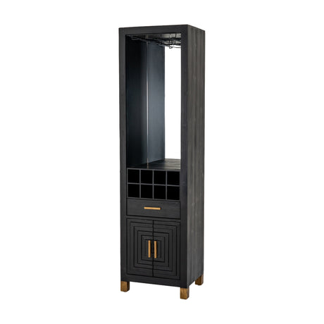 Hill Interiors Harweld tall black wooden drinks cabinet with upper glass rack, wine bottle slots, drawer and lower two-door cupboard on a plain background.
