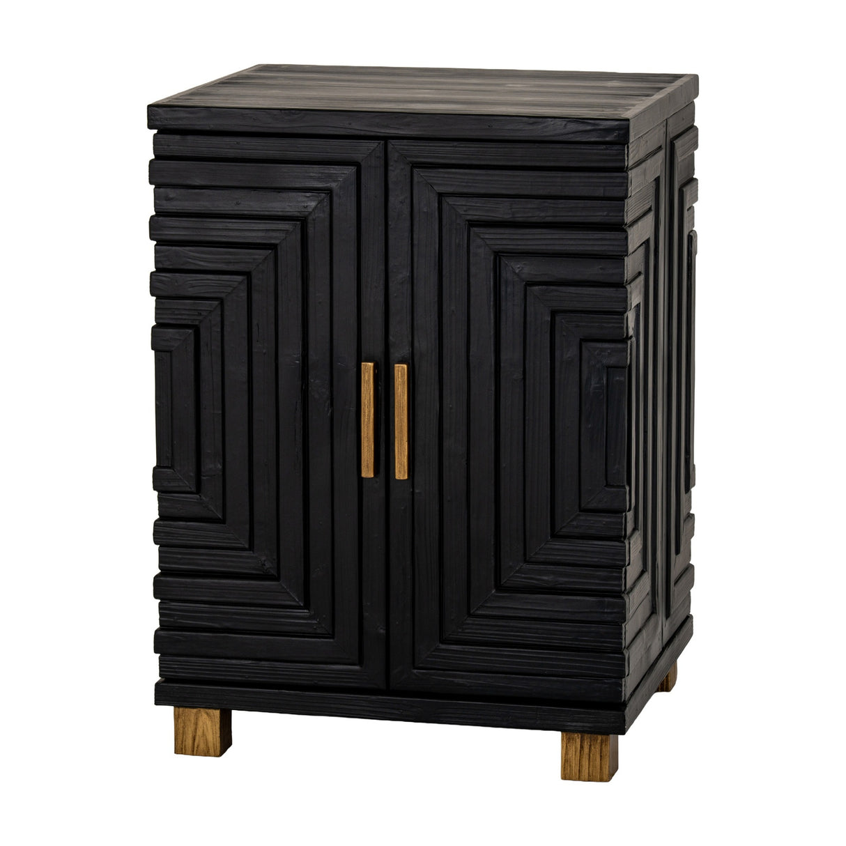 Hill Interiors Harweld two door side cabinet in black wood with geometric panelled doors, brass handles and light timber feet on a white background.