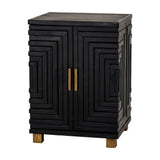 Hill Interiors Harweld two door side cabinet in black wood with geometric panelled doors, brass handles and light timber feet on a white background.