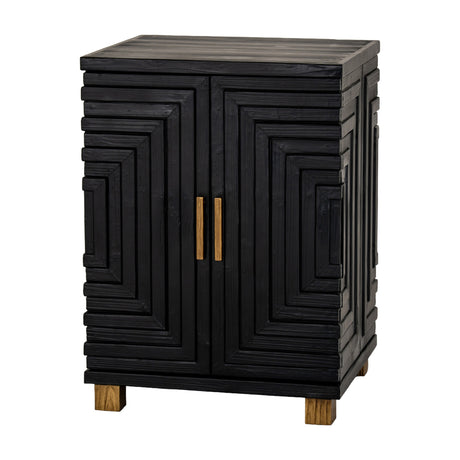 Hill Interiors Harweld two door side cabinet in black wood with geometric panelled doors, brass handles and light timber feet on a white background.