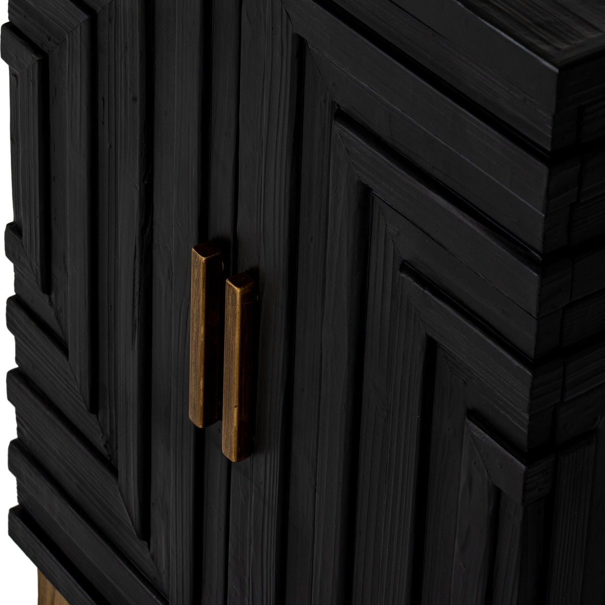 Close-up of the Hill Interiors Harweld Two Door Side Cabinet in black wood, showing geometric panel detailing and slim antique brass door handles.