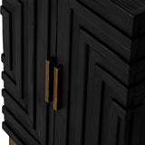 Close-up of the Hill Interiors Harweld Two Door Side Cabinet in black wood, showing geometric panel detailing and slim antique brass door handles.