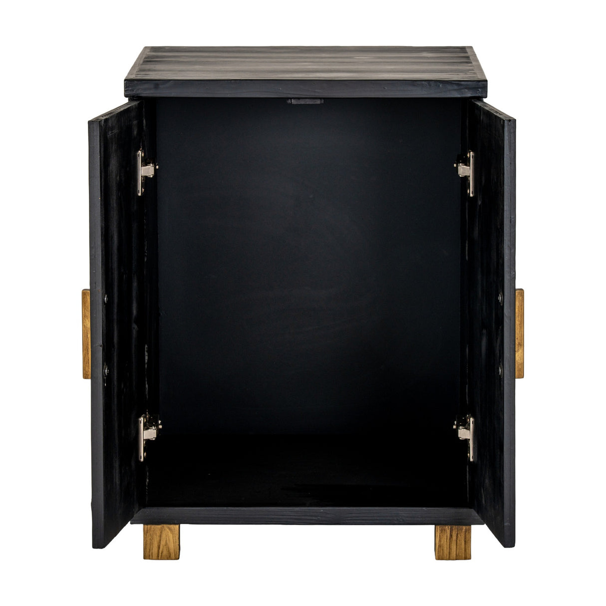Hill Interiors Harweld two door side cabinet in black wood with both doors open revealing internal storage, shown on a plain white background.