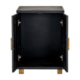 Hill Interiors Harweld two door side cabinet in black wood with both doors open revealing internal storage, shown on a plain white background.