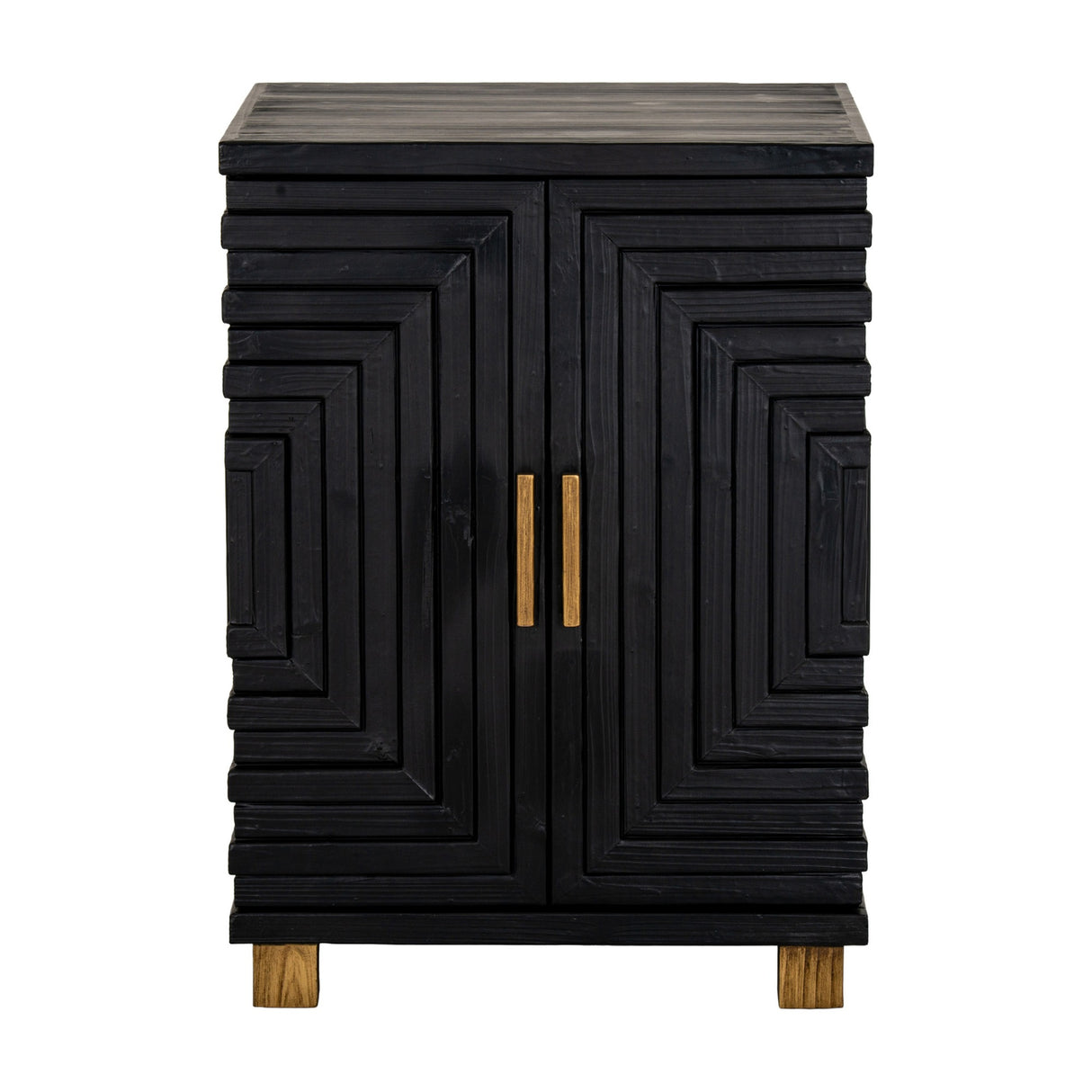 Hill Interiors Harweld two door side cabinet in black wood with concentric rectangular door panels, brass bar handles and pale timber feet.