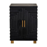 Hill Interiors Harweld two door side cabinet in black wood with concentric rectangular door panels, brass bar handles and pale timber feet.