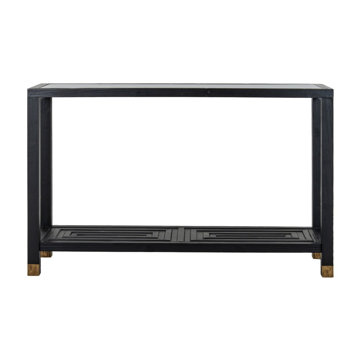 Hill Interiors Harweld console table with clear glass top, black wood frame, lower slatted shelf with geometric detail and brass-toned feet, on white.