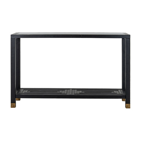 Hill Interiors Harweld console table with clear glass top, black wood frame, lower slatted shelf with geometric detail and brass-toned feet, on white.